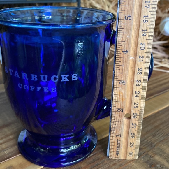 Starbucks Cobalt Blue Glass Starbucks Coffee Etched Footed Handled Mug 16 oz - Picture 14 of 16